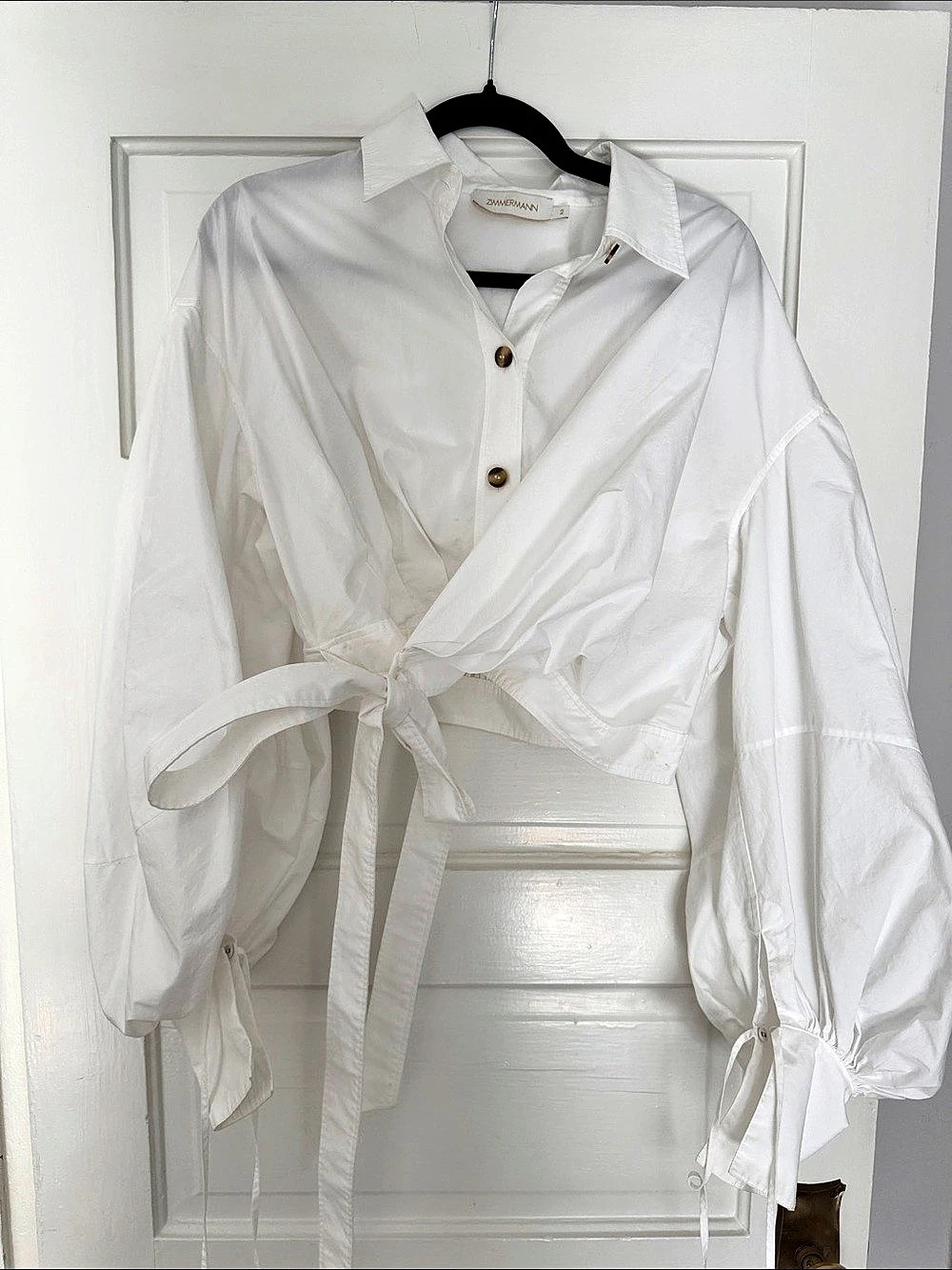 Zimmermann Rebellion Poplin Wrap Blouse White Tie-Front Blouse Size 2 Like New